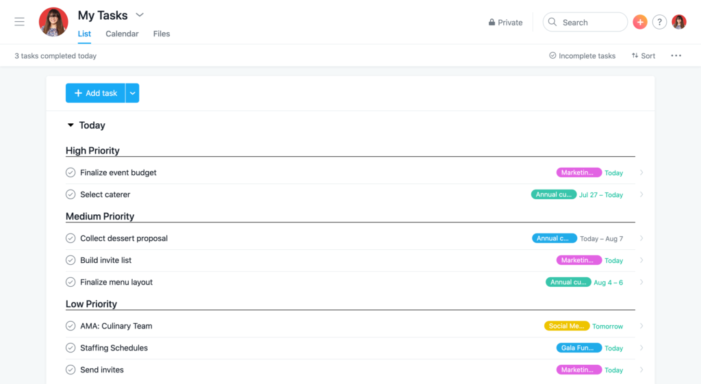 An example of 'my tasks' in Asana