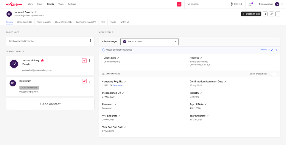 An example of a client record inside Pixie